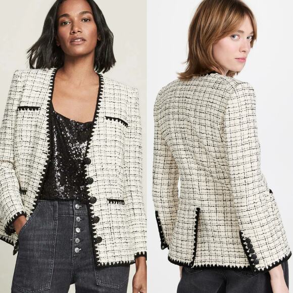 Veronica Beard Albia Rickrack Trim Tweed Lady Jacket Black White Check Size 0 - Picture 6 of 9